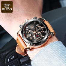 Men Sport Watch OLEVS Brand Multi Time Zone Date Wrist Watch Genuine Leather Men Classic  Popular Watch China Factory Supplier